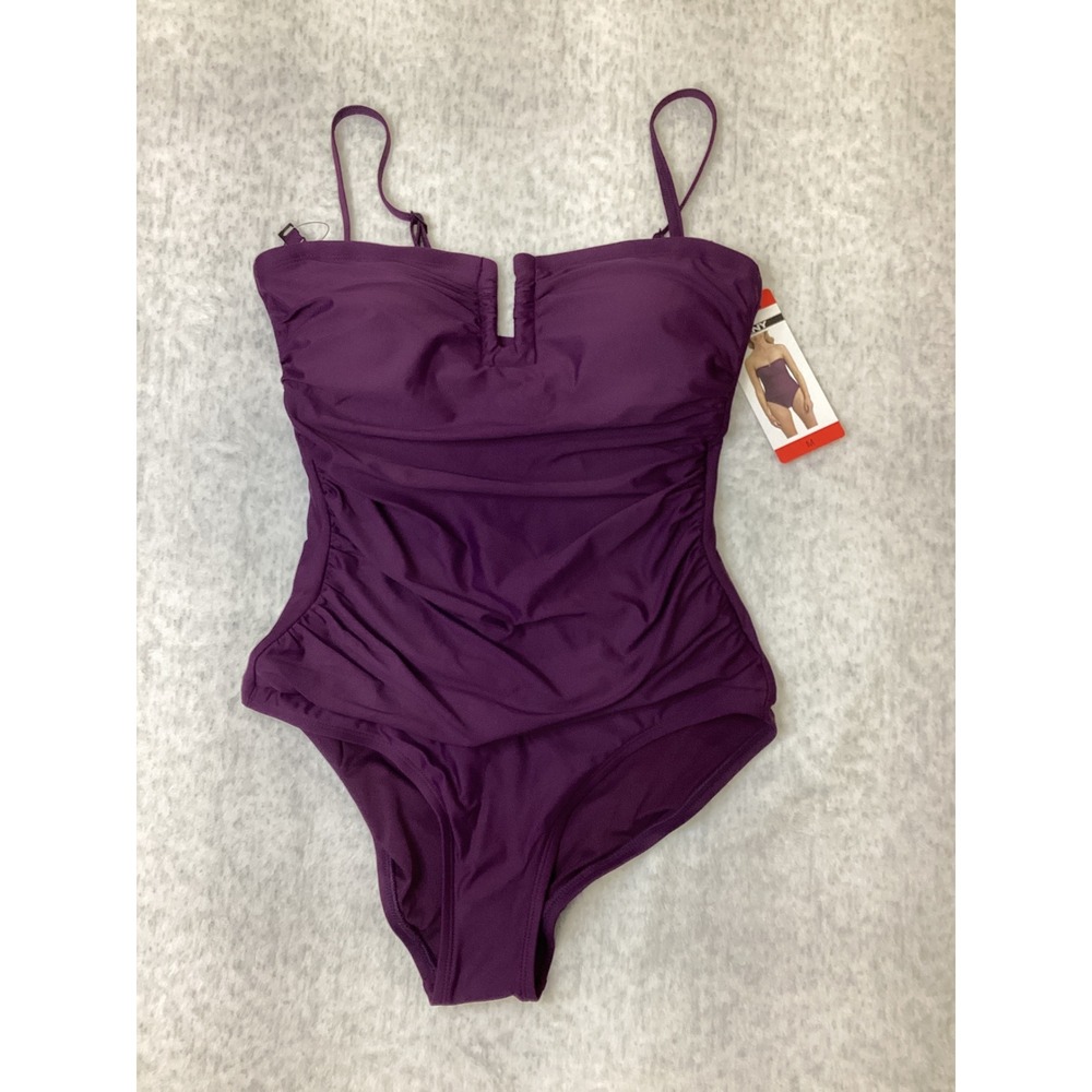 DKNY Womens Purple Ruched U-Wire Bandeau One Piece Swimsuit 1943727 New M - Picture 1 of 5